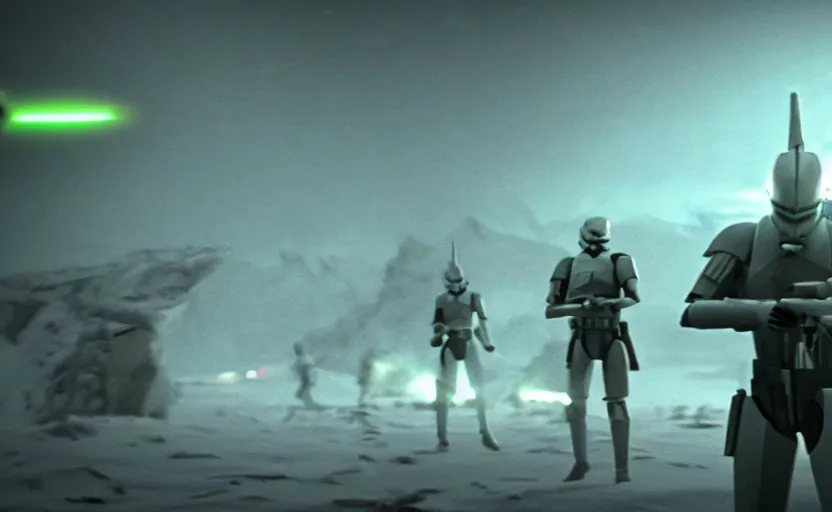 Prompt: found footage of the clone wars in the battlefield, neon star wars, film grain, dark lighting, realistic, photograph, silent hill style, detailed cinematic lighting