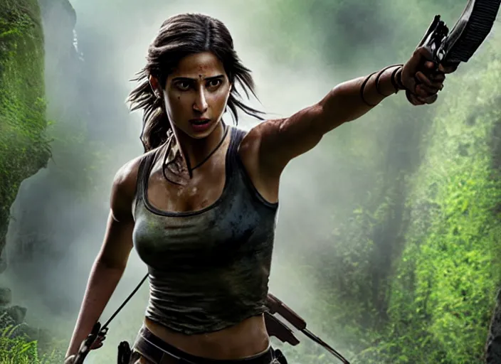 Image similar to film still of!!!! naomi scott!!! as lara croft in new tomb raider movie, 8 k