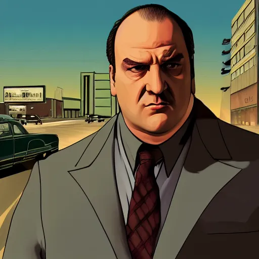 Prompt: Tony Soprano in the style of a GTA loading screen, Stephen Bliss, trending on artstation