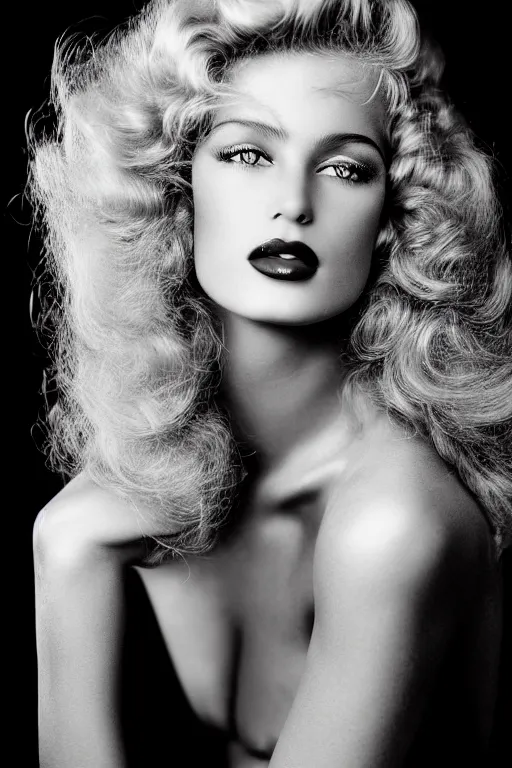 Prompt: stunning award - winning herb ritts portrait of a beautiful fashion model. shiny glossy blonde hair. very defined curls. old hollywood makeup. vintage glamour. glossy lips. supermodel. black and white photography. vogue. nikon 5 0 mm f / 1. 6