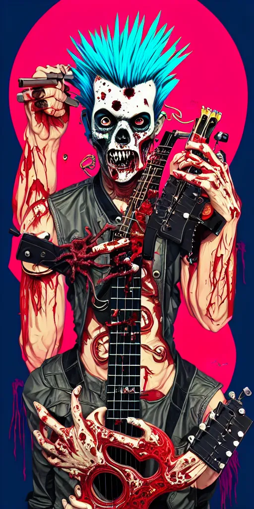 Image similar to a zombie punk rocker with a mohawk holding an acoustic guitar, tristan eaton, victo ngai, artgerm, rhads, ross draws