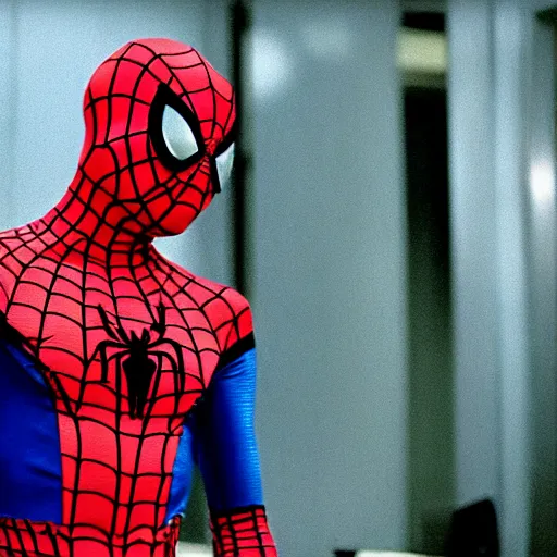 Image similar to Zendaya wearing Spiderman costume in American Psycho (1999)