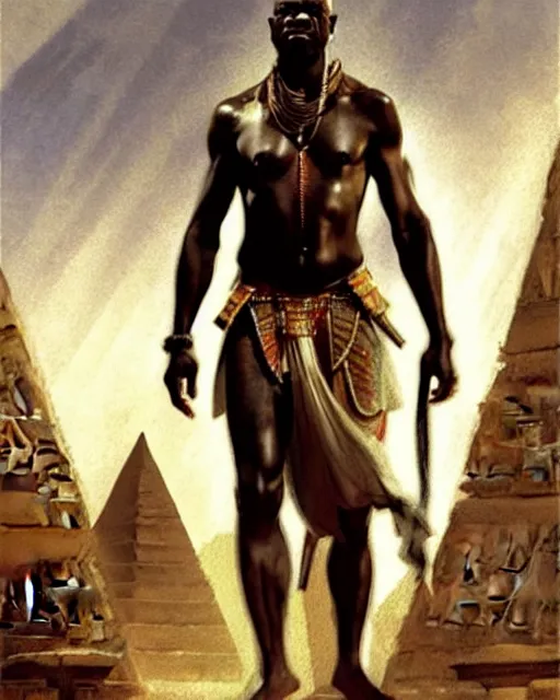 Prompt: concept art by anders zorn and craig mullins depicting djimon hounsou as a tall and very lean temple guard dressed in ancient egyptian heavy armor, flowing robes, harem pants, and leather strapped sandals