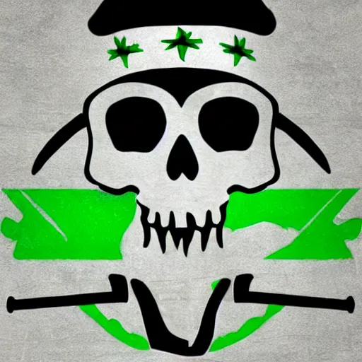 Prompt: “A pirate skull wearing a green bandana, 2 cutlasses with green handles crossing in an X behind, in the style of an esports logo”