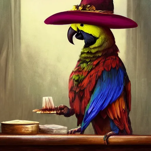 Prompt: Anthropomorphized parrot trader in his shop, selling his wares, portrait, items, magic potions, carpet, window, fancy hat, sly expression , cunning expression, cute expression, D&D, fantasy, cinematic lighting, highly detailed, digital painting, artstation, concept art, smooth, sharp focus, illustration, warm light, cozy warm tint, magic the gathering artwork, volumetric lighting, 8k, art by Akihiko Yoshida, Greg Rutkowski