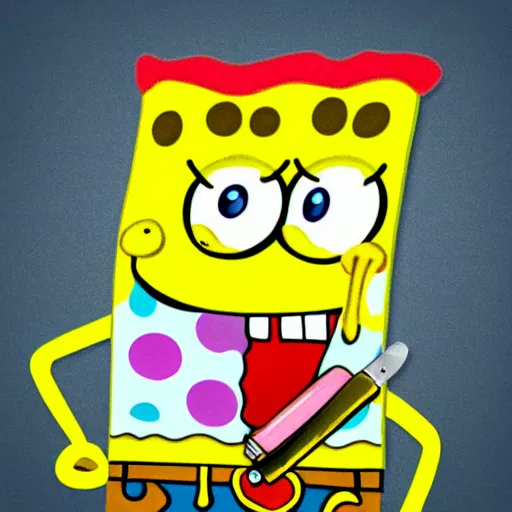 Image similar to spongebob squarepants cartoon character holding a kitchen knife, childish crayon art