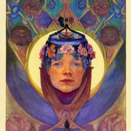 Image similar to the night crown and lantern, by Annie Swynnerton and Nicholas Roerich and Diego Rivera, flowing robes, floral tattoos, elaborate costume, geometric ornament, symbolist, soft colors, dramatic lighting, smooth, sharp focus, extremely detailed