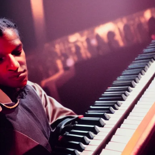 Image similar to Asap Rocky playing piano on stage during concert, highly realistic, photography, 50mm