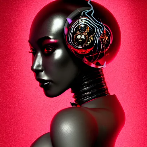 Image similar to portrait of an absurdly beautiful, graceful, sophisticated, fashionable black cyberpunk mechanoid gravure idol, hyperdetailed illustration by irakli nadar, adut akech, matt wisniewski style, intricate linework, dark black porcelain skin, jellyfish headdress, unreal engine 5 highly rendered, global illumination, red light, detailed and intricate environment