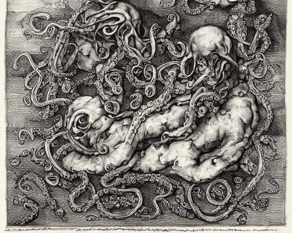 Image similar to A salvage with an octopus head in the style of Albrecht Durer, engraving, black and white