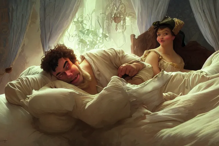 Image similar to russian poet alexander pushkin and shrek lying in bed together, portrait, highly detailed, digital painting, artstation, concept art, smooth, sharp focus, illustration, cinematic lighting, art by artgerm and greg rutkowski and alphonse mucha