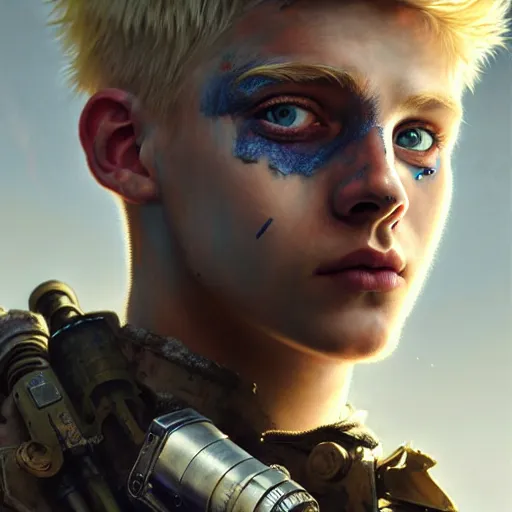 Image similar to portrait painting of a post - apocalyptic blonde teenager with blue eyes and patchy hair wearing light scrap armor with an old gun on his back, ultra realistic, concept art, intricate details, eerie, highly detailed, photorealistic, octane render, 8 k, unreal engine. art by artgerm and greg rutkowski and charlie bowater and magali villeneuve and alphonse mucha