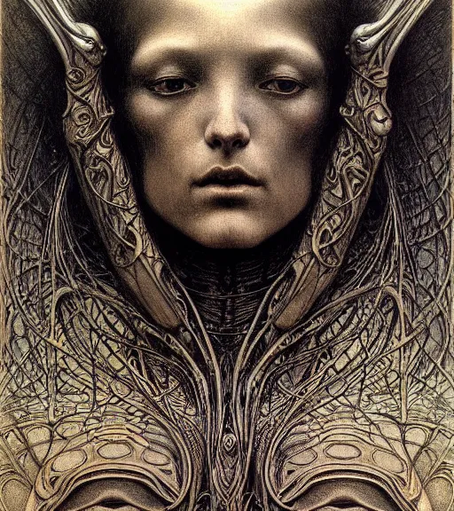 Image similar to detailed realistic beautiful young medieval alien robot grimez face portrait by jean delville, gustave dore and marco mazzoni, art nouveau, symbolist, visionary, gothic, pre - raphaelite. horizontal symmetry by zdzisław beksinski, iris van herpen, raymond swanland, zaha hadid and alphonse mucha. highly detailed, hyper - real, beautiful