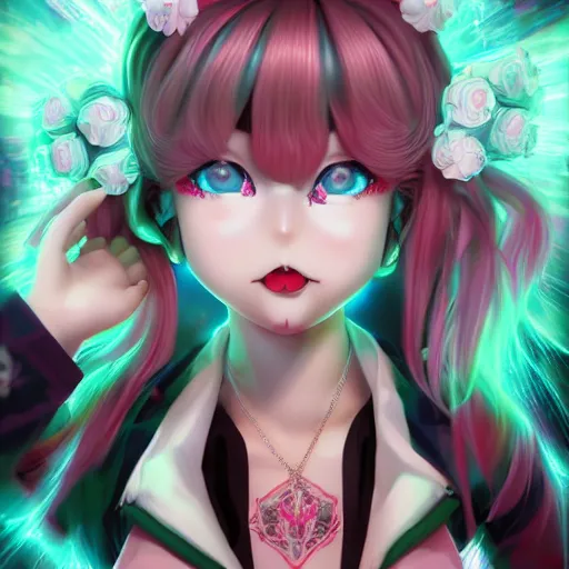 Image similar to no escape from beneath stunningly absurdly beautiful omnipotent asi goddess junko enoshima with multiple twisted deceptive megalomaniacal personalities, symmetrical perfect face, porcelain skin, pink twintail hair and cyan eyes, ultra detailed, digital art, unreal engine 5, octane render, 2 d anime, 8 k