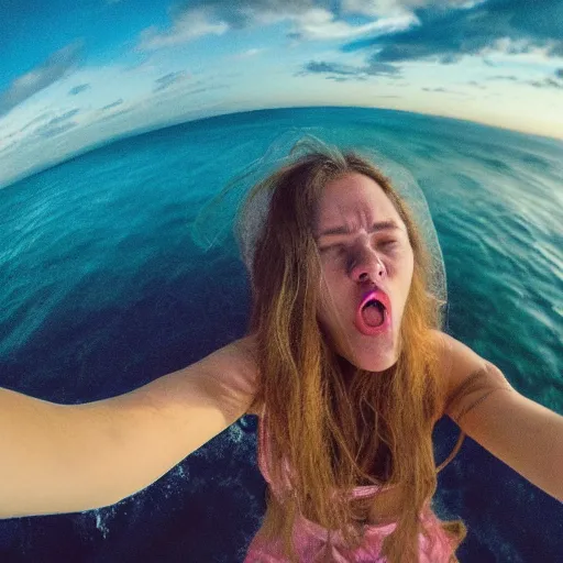 Image similar to Selfie!!!!! of a frightened!!!!! woman, in the middle of the ocean!!!!!, nighttime!!!!, cloudy dark sky, first-person view, fisheye!!!!! lens!!!!!, photorealistic image, trending on artstation, 4k, 8k