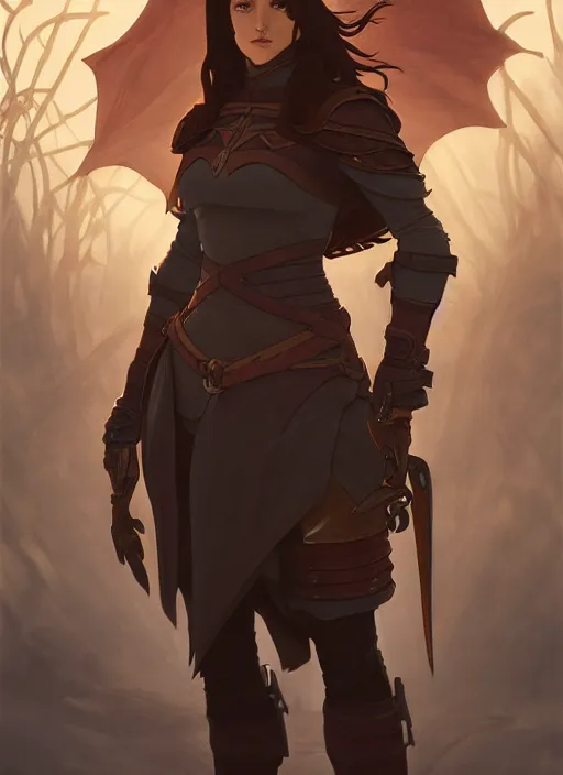 Image similar to strong female rogue in leather armor and cloak with long glowing brown hair, path traced, highly detailed, high quality, digital painting, by studio ghibli and alphonse mucha, leesha hannigan, makoto shinkai, disney