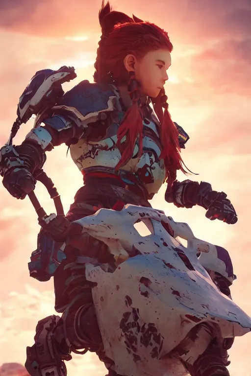 Image similar to combination suit armor aloy horizon forbidden west horizon zero dawn robot ninja mask helmet backpack tribal, aesthetic octane render, 8 k hd resolution, by ilya kuvshinov and cushart krentz and gilleard james radiating a glowing aura cgi rtx 2 0 2 2