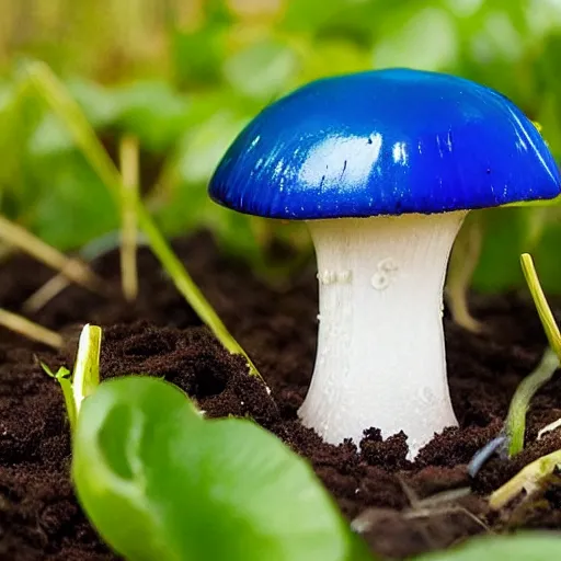 Prompt: a gelatinous blue jello mushroom growing out of the ground