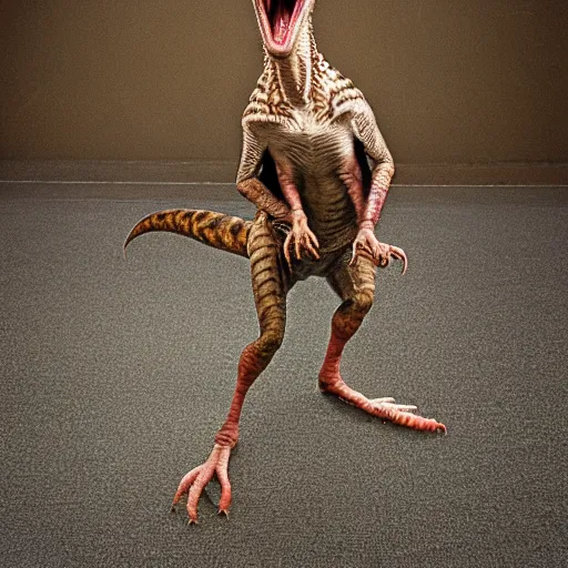 Image similar to Full body pose of velociraptor in style of Dave Hill Photograph