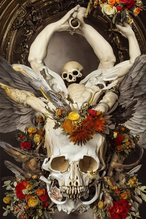 Image similar to A fallen icarus with a giant cyclops eye and golden wings in the form of a Greek sculpture, marble white elk skull, wreath of flowers and abstract eyes, bouquet of bones, many large flying eyes, silk, fabric, birds, flowers. baroque elements, human skull. full-length view. baroque element. intricate artwork by caravaggio. many many birds birds on background. Trending on artstation. halo. octane render, cinematic, hyper realism, octane render, 8k, depth of field, 3D