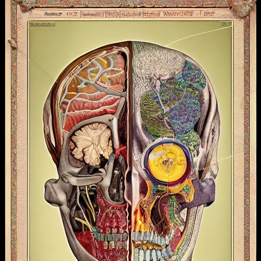 Image similar to highly detailed labeled medical anatomy poster, anatomical drawing on poster paper with notes, extra beautiful colorful full page antique lithograph of artnouveau borders and designs, muted colors, parchment paper, art print, well - lit, ray tracing, horror, eldritch abomination, hyper realistic, 8 k post - processing