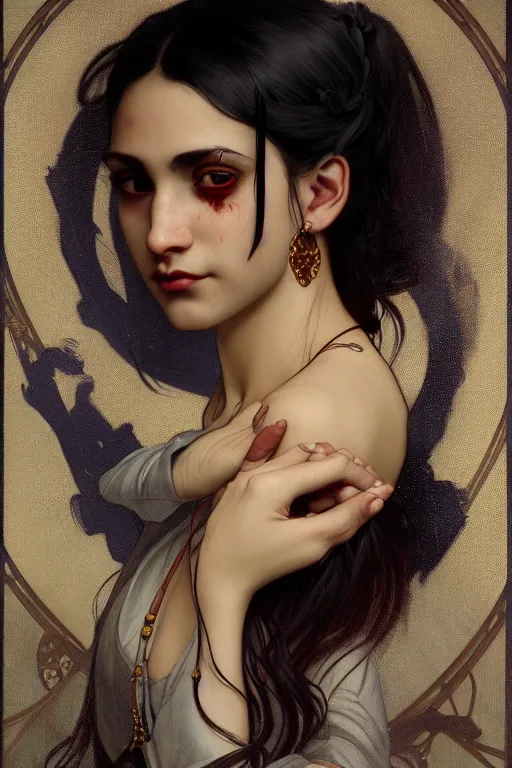 Image similar to 3 / 4 portrait, vampire, brown skin, night, long black hair, prussian blue shirt, beautiful, victorian salon as the background, bloodied mouth, jewelry, alphonse mucha, william bouguereau, rossdraws, greg rutkowski, super detailed, realistic, octane render, volumetric, cinematic, 8 k