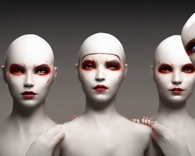 Prompt: a film still of three synthetic female human oracles wrapped in white cloth, face markings, beautiful, neotokyo, cinematic lighting, high resolution, 4 k