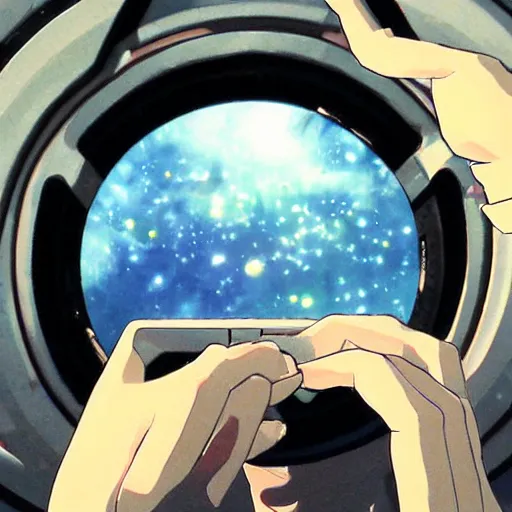 Image similar to A mixed mediart. A rip in spacetime. Did this device in his hand open a portal to another dimension or reality?! extreme close-up by Makoto Shinkai unplanned