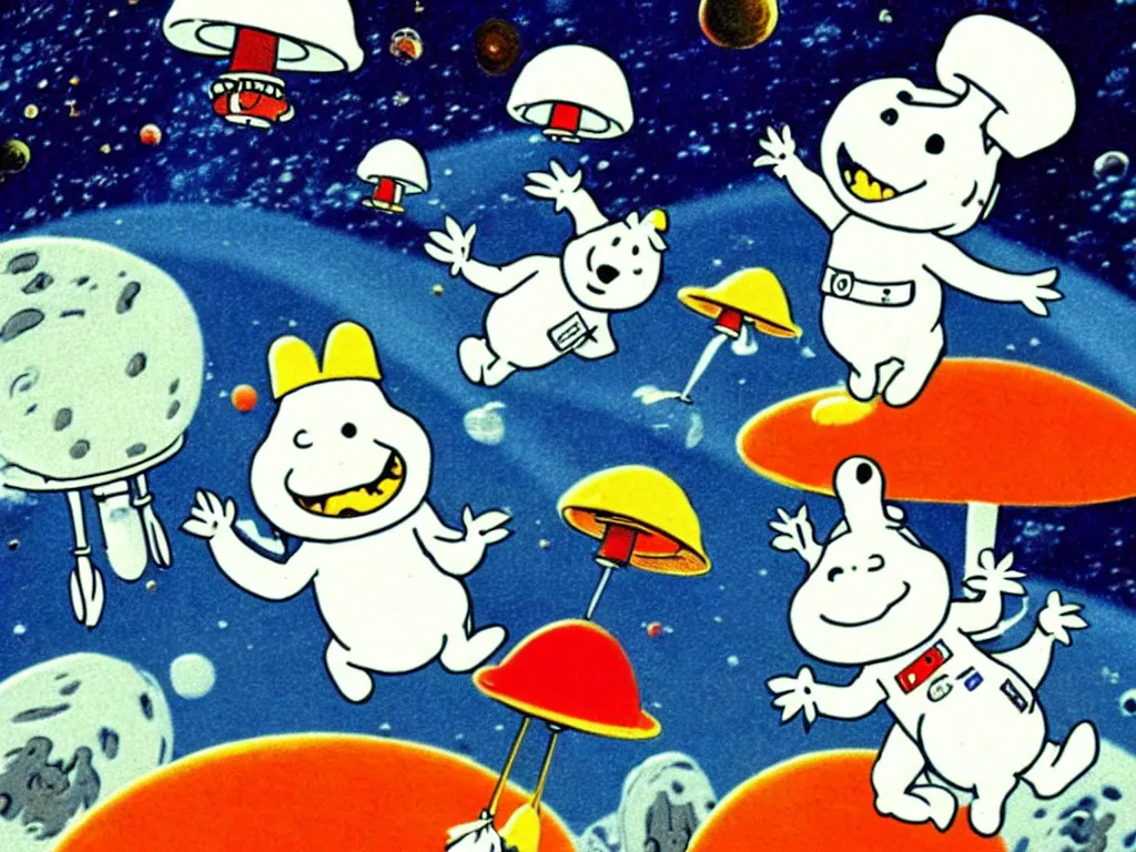 Image similar to moomins in space suits flying around with jetpacks discovering the mushroom planet