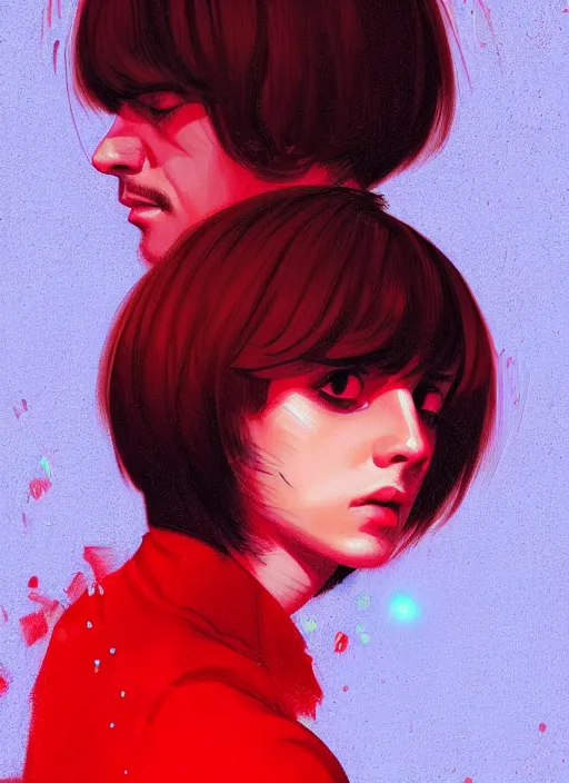 Image similar to portrait of chico buarque with bangs, 1 9 6 0 s, long hair, red clothes, bangs, intricate, elegant, glowing lights, highly detailed, digital painting, artstation, concept art, smooth, sharp focus, illustration, art by wlop, mars ravelo and greg rutkowski