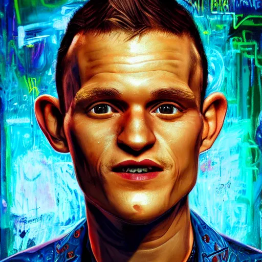 Prompt: vitalik buterin, realistic, regal, refined, detailed digital art, michael cheval, walt disney ( 1 9 3 7 ), basquiat, oil painting, steampunk, highly detailed, cinematic lighting, unreal engine, 8 k