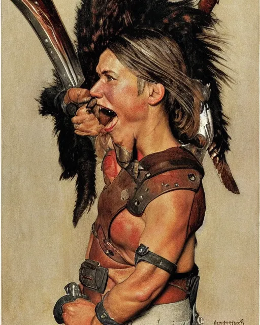 Image similar to frontal portrait of a savage muscular barbarian female with leather armor, by norman rockwell