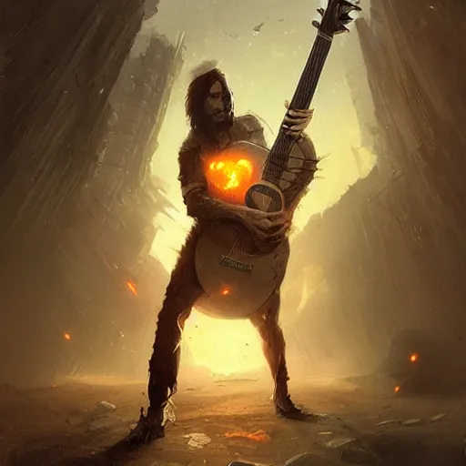 Image similar to v - form guitar in hand of man by greg rutkowski