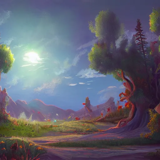 Image similar to always the sun, beautiful strange detailed summer landscape painting 8k resolution deviantart trending on Artstation concept art digital illustration