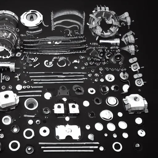 Image similar to knolling of parts from alien warp drive engine
