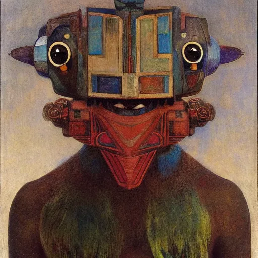 Image similar to the young robot with her feathered bird mask, by annie swynnerton and diego rivera and elihu vedder, symbolist, dramatic lighting, elaborate geometric ornament, head and shoulders view, art brut, soft cool colors, smooth, sharp focus, extremely detailed, adolf wolfli