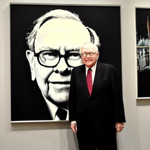 Image similar to A photograph of Warren Buffet standing next to a Banksy painting in Venice