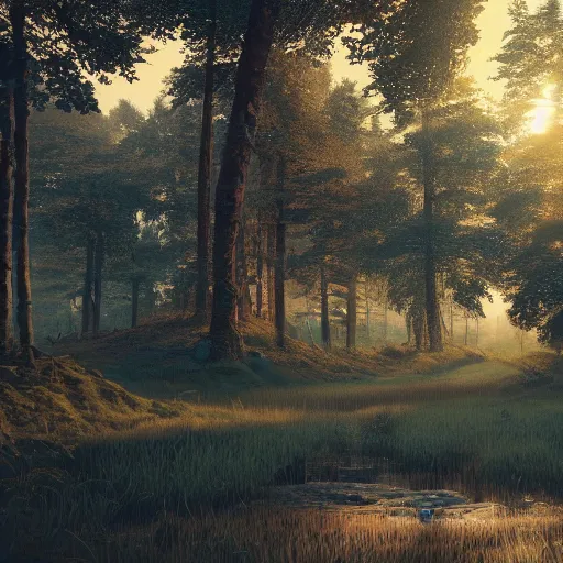 Image similar to scenery of a beautiful rural landscape with a broken robot in the style of simon stalenhag. light rays from the tree tops, small river on the ground, hypermaximalistic, high details, cinematic, 8 k resolution, beautiful detailed, insanely intricate details, artstation trending, octane render, unreal engine