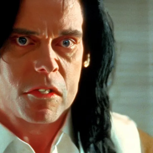 Image similar to still of tommy wiseau as vincent vega holding a gun in pulp fiction ( 1 9 9 4 ), 4 k, cinematic, film footage, screencap, by quentin tarantino