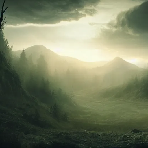 Image similar to huge valley, creepy valley, extreme drama, distant glow, hdr, movie still, fully photorealistic, artstation, beautiful concept art, sharp luminescent focus, nd 6, sony fx 6, glowing luminescent invocations