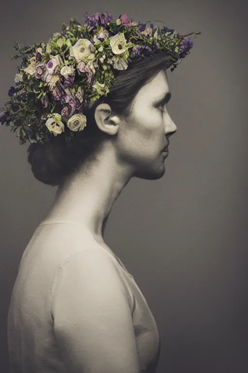 Prompt: a woman's face in profile, with a long beard made of flowers, in the style of the Dutch masters and Gregory crewdson, dark and moody