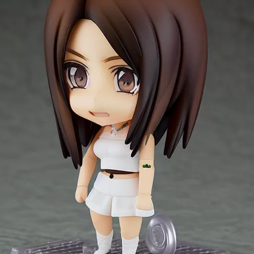 Image similar to nendoroid of a white girl with long dark brown hair shaved on the sides, brown eyes and thick eyebrows