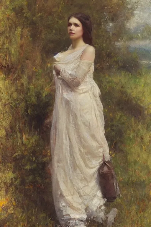 Prompt: Richard Schmid and Jeremy Lipking victorian genre painting full length portrait painting of a young beautiful woman