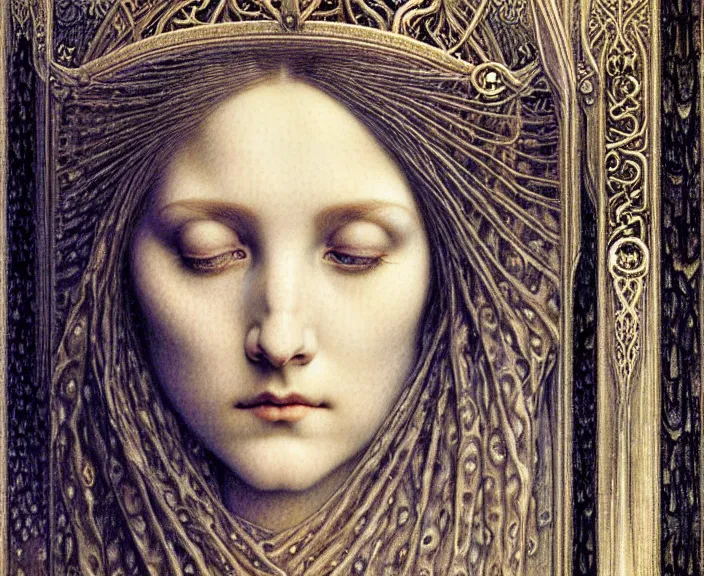 Image similar to detailed realistic beautiful young medieval queen face portrait by jean delville, gustave dore and marco mazzoni, art nouveau, symbolist, visionary, gothic, pre - raphaelite. horizontal symmetry