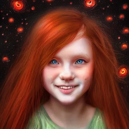 Image similar to highly detailed sharp wallpaper portrait of a red haired girl softly smiling among fireflies, with long hair, green eyes, round face, hint of freckles, intricate details, dramatic light, golden ratio, hyper realistic digital art