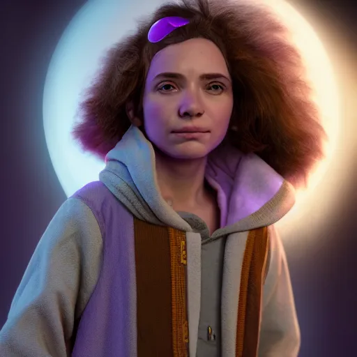 Image similar to portrait of lightfoot halfling wizard, brown hair, purple robes, trending on artstation, cinematic lighting, hyper realism, octane render, 8 k, hyper detailed.