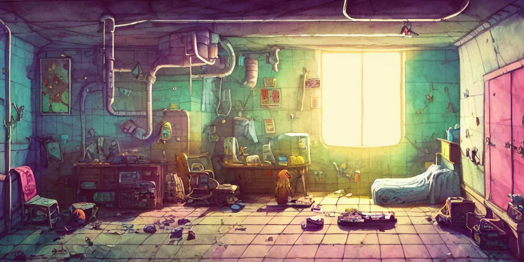 Image similar to room in the sewers, the room is messy and unorganized, bed is not made, sword clothes and posters everywhere, detailed, artstation, 8 k, sci - fi, pastel colors, props, panel, concept, simon stalenhag, in watercolor gouache detailed paintings, moebius, blueprint, building, living room, detailed, posters, sofa