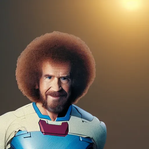 Image similar to a still of Bob Ross as Ironman. Magic Hour. Professional photography, 4K. Mood