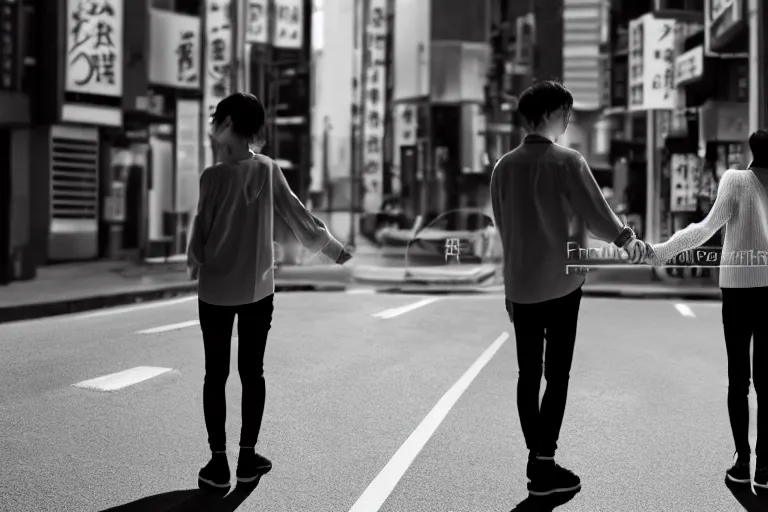 Image similar to still photo of two japanese couple holding hands on the street, black and white color aesthetic, highly detailed, photorealistic portrait, bright studio setting, studio lighting, crisp quality and light reflections, unreal engine 5 quality render