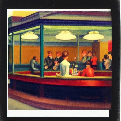 Image similar to a polaroid photo of people at a diner, Edward Hopper style, Nighthawks, detailed, hq, lens flare